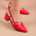 Sapato Feminino Slingback Scarpin Social Tiras Fivela Bico Fino Verniz Salto Baixo Bloco Confortável Boho