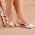 Sapato Feminino Slingback Scarpin Social Tiras Fivela Bico Fino Verniz Salto Baixo Bloco Confortável Boho