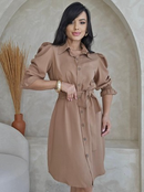 Vestido Chemise Feminino Viscolinho Manga Bufante Cinto Social Casual