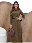 Vestido Feminino Lanzinha Premium Longo Tricot Canelado Malha la Grossa com Fenda Lateral