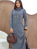 Vestido Feminino Lanzinha Premium Longo Tricot Canelado Malha la Grossa com Fenda Lateral